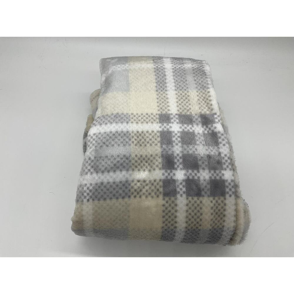 Greenbrier Printed Plush Throw Blanket 50x60 Gray Beige Plaid Soft Polyester Bed